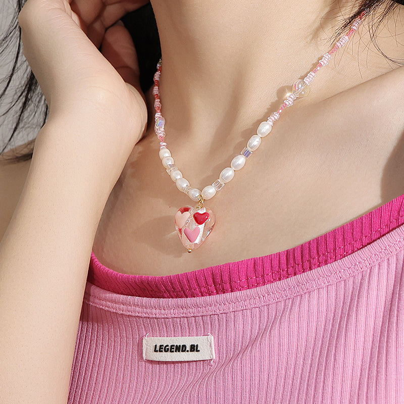 Pearl Pink Heart Pendant Necklace