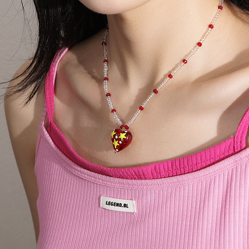 Starry Burgundy Heart Pendant Necklace